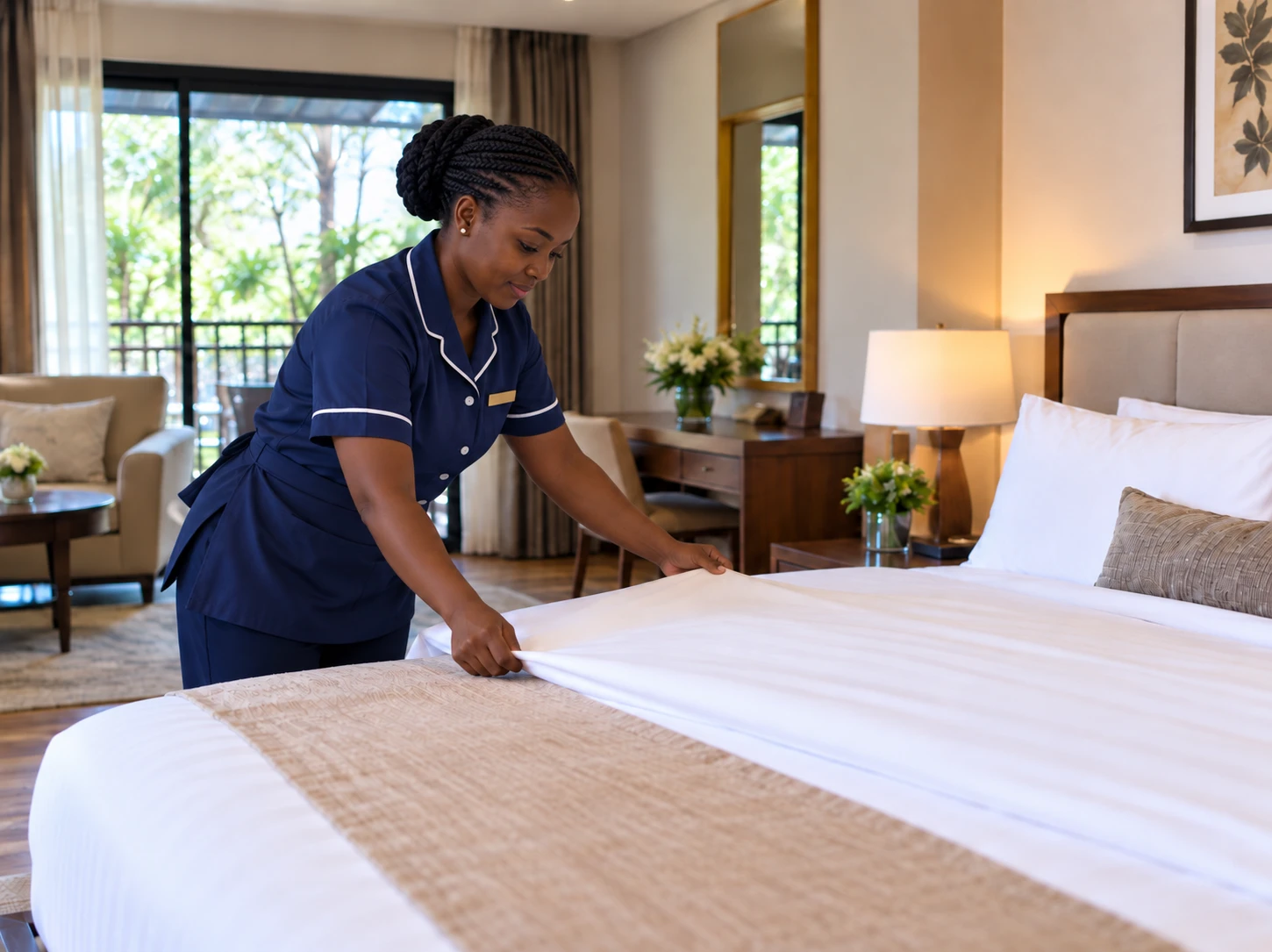 Mate housekeeper making a bed